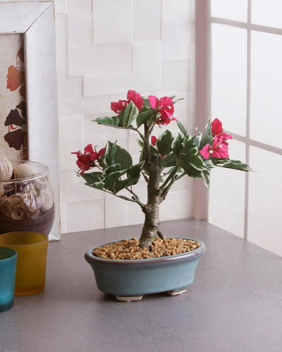 Bougainvillea Artificial Bonsai Plant with Ceramic Pot & Metal Stand | 9 inches