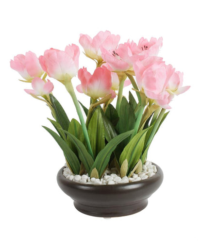 Tulip Artificial Bonsai Plant with Ceramic Pot & Metal Stand | 10 inches