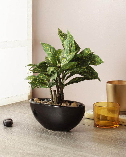 Yellow Codiacum Artificial Bonsai Plant with Ceramic Pot | 11 inches