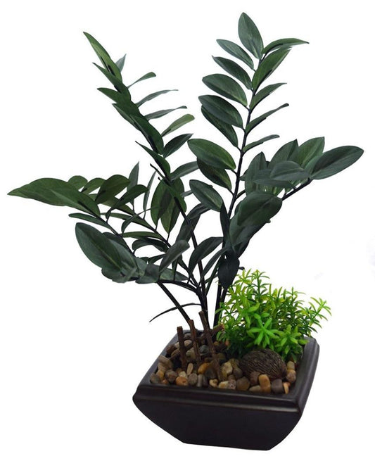 Zamioculcas Assorted Leaf Artificial Bonsai Plant with Ceramic Pot | 13 inches