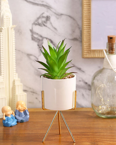 Urban Chic Succulents Artificial Plant with Ceramic Pot & Metal Tripod Stand | 10 inches