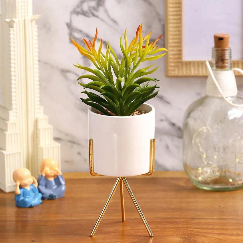 Glamour Succulents Artificial Plant with Ceramic Pot & Metal Tripod Stand | 10 inches