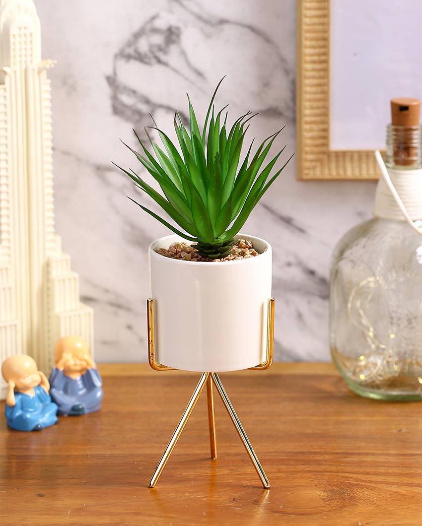 Cityscape Succulents Artificial Plant with Ceramic Pot & Metal Tripod Stand | 10 inches