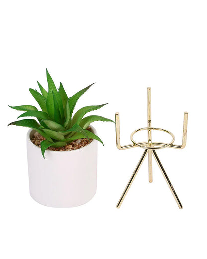 Downtown Succulents Artificial Plant with Ceramic Pot & Metal Tripod Stand | 10 inches