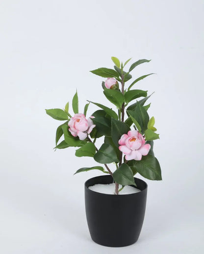 Artificial Camelia Rose Flower Plant With Black Pot | 13 Inches Pink