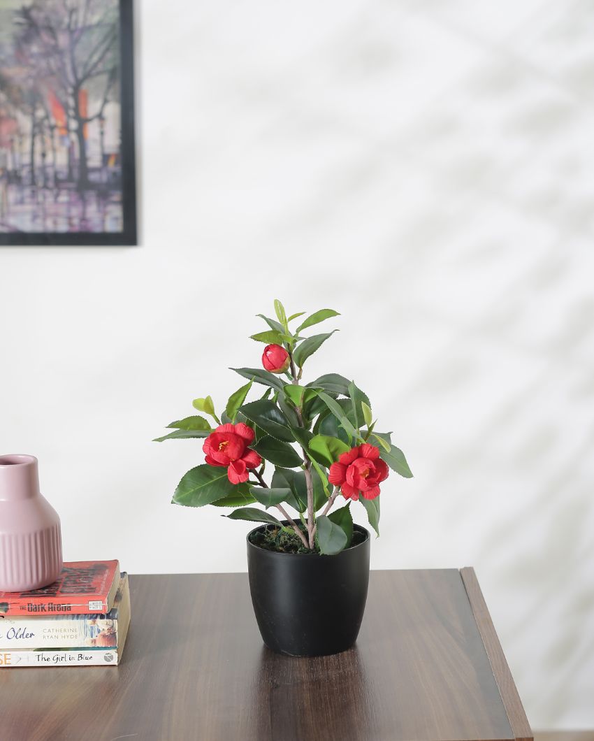 Artificial Camelia Rose Flower Plant With Black Pot | 13 Inches Red