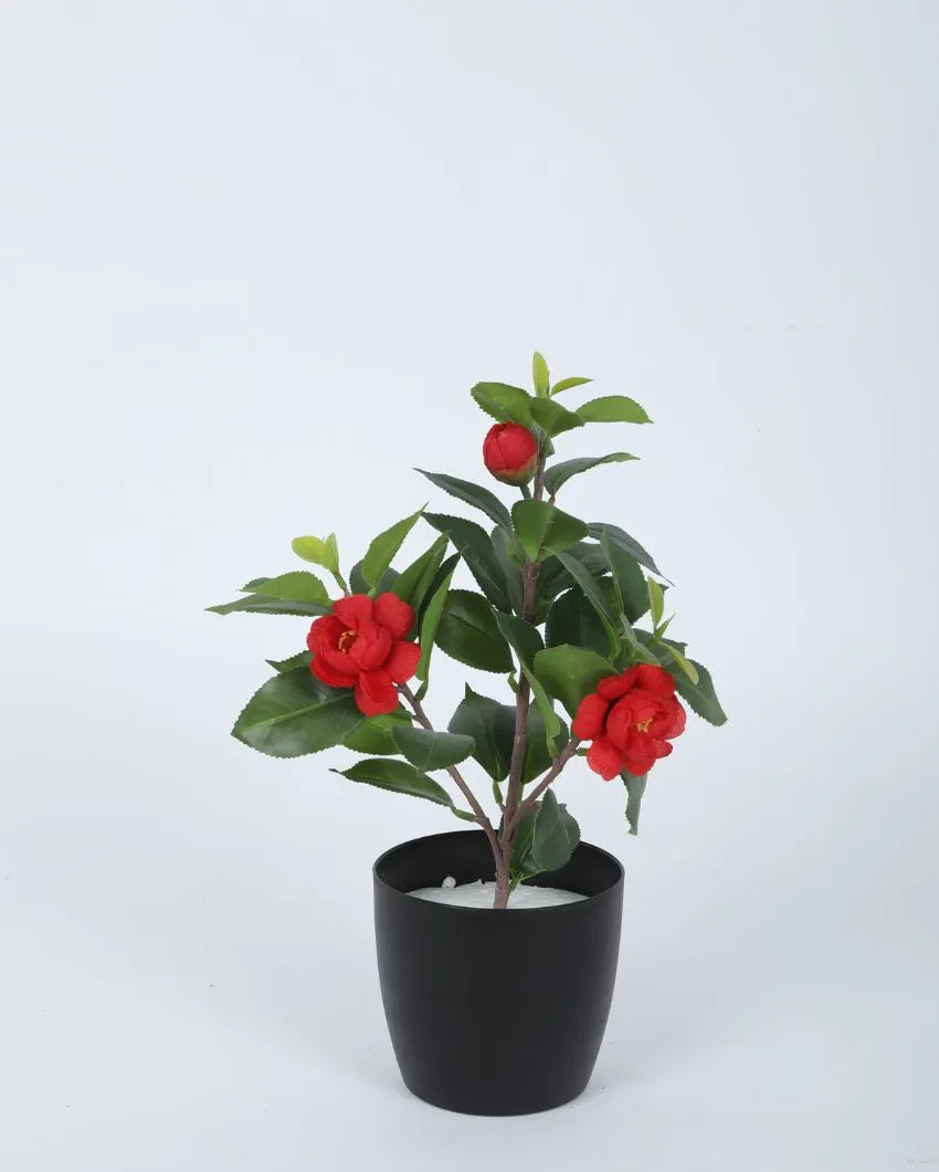 Artificial Camelia Rose Flower Plant With Black Pot | 13 Inches Red