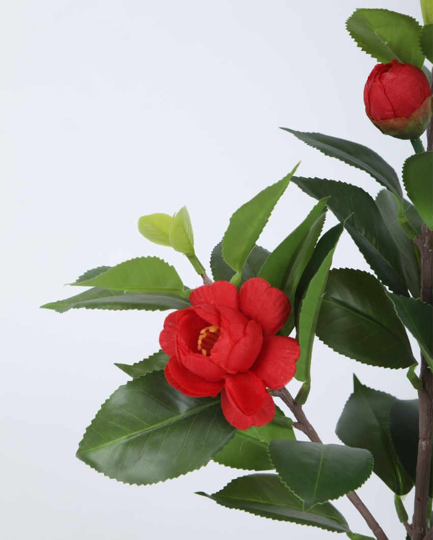 Artificial Camelia Rose Flower Plant With Black Pot | 13 Inches Red