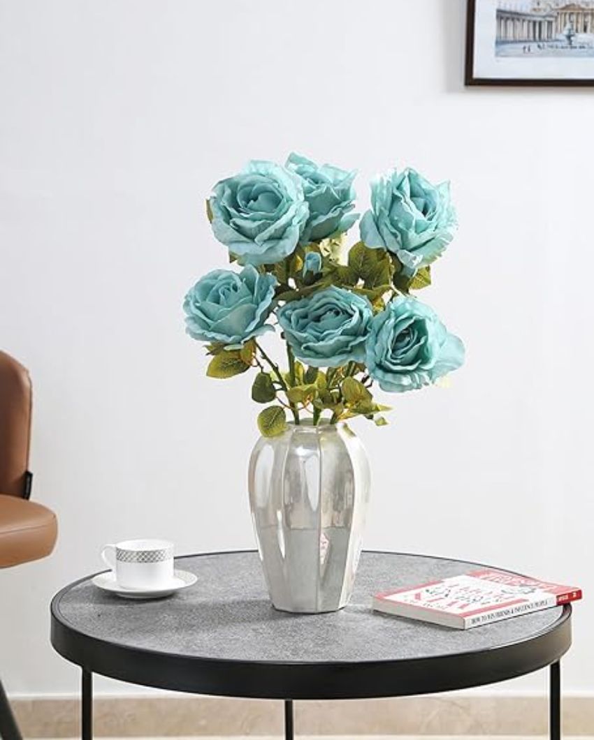 Artificial Autumn Polyester Rose Flowers | Set Of 7 Blue