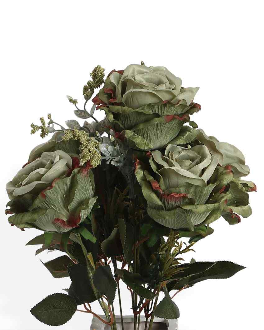 Artificial Autumn Polyester Rose Flowers | Set Of 7 Green