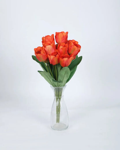 Beautiful Artificial Polyester And Plastic Tulip Flower Bunch Without Pot | Set Of 2 | 16 Inches Orange