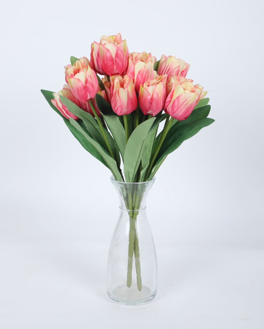 Beautiful Artificial Polyester And Plastic Tulip Flower Bunch Without Pot | Set Of 2 | 16 Inches Pink