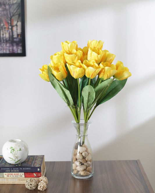 Beautiful Artificial Polyester And Plastic Tulip Flower Bunch Without Pot | Set Of 2 | 16 Inches Yellow