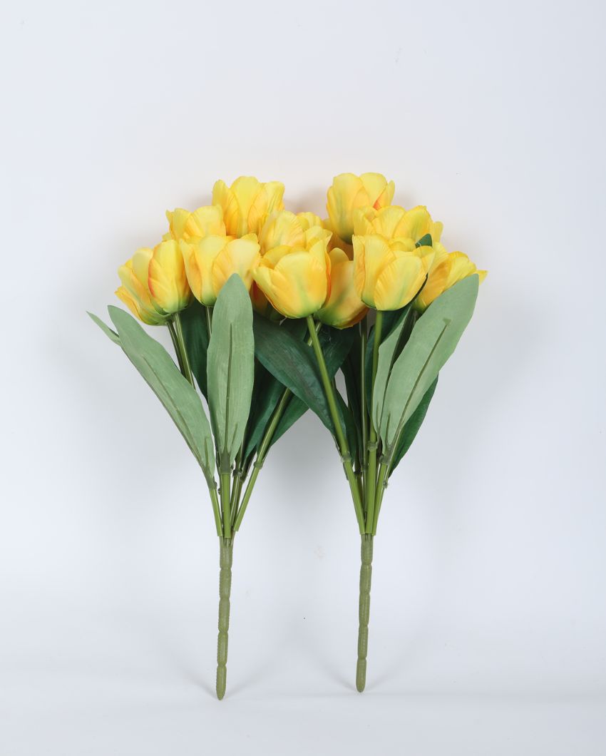 Beautiful Artificial Polyester And Plastic Tulip Flower Bunch Without Pot | Set Of 2 | 16 Inches Yellow