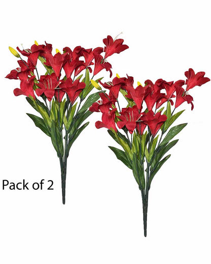 Decorative Artificial Lily Synthetic Fabric Flower Bunches | Set Of 2 Red
