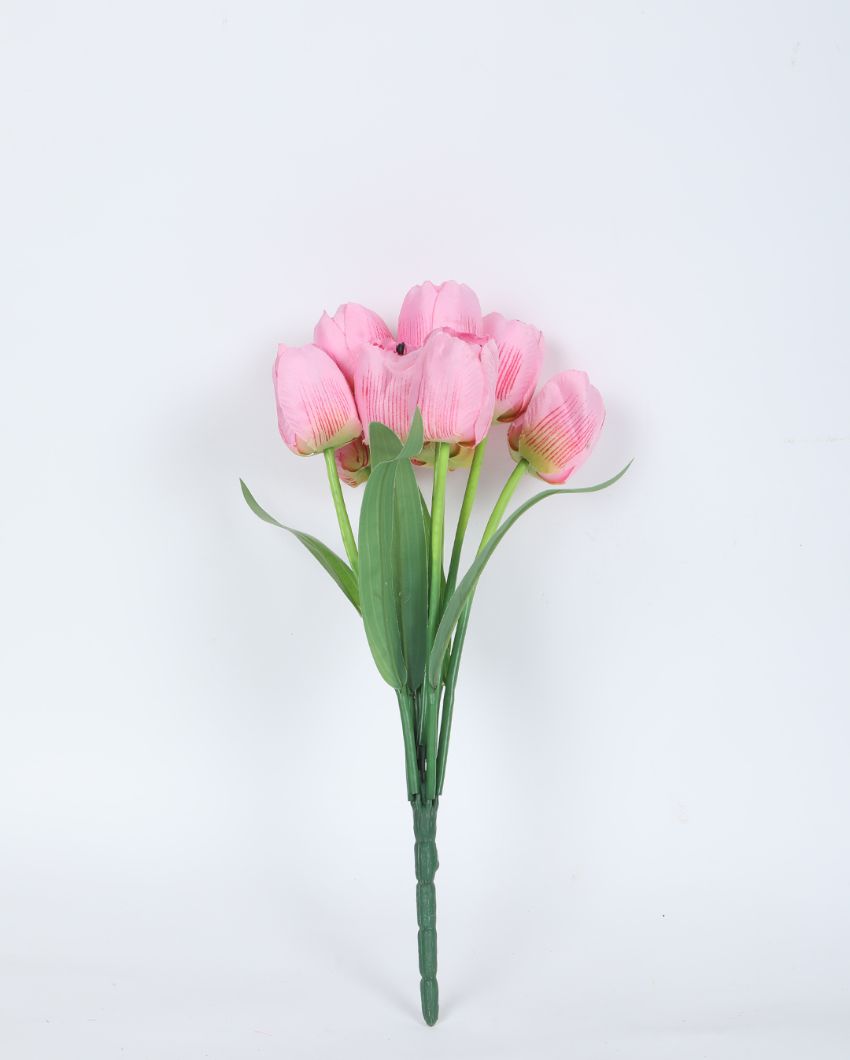 Artificial Polyester And Plastic Tulip Flower Bunch Without Pot | Set Of 2 | 15 Inches Light/Pink