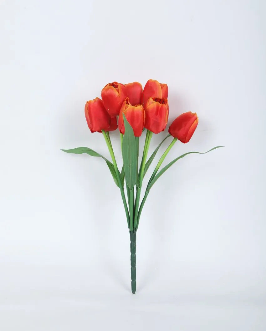 Artificial Polyester And Plastic Tulip Flower Bunch Without Pot | Set Of 2 | 15 Inches Orange