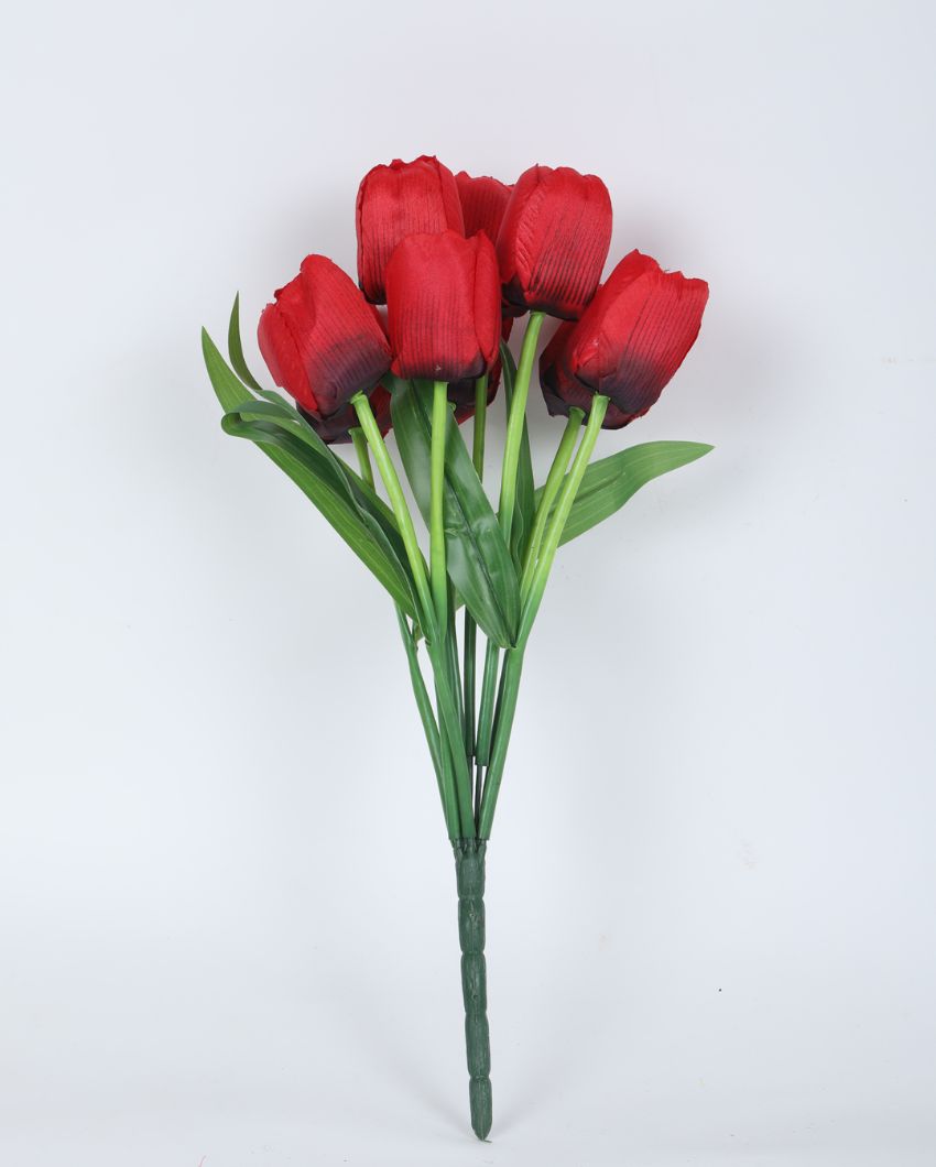 Artificial Polyester And Plastic Tulip Flower Bunch Without Pot | Set Of 2 | 15 Inches Red