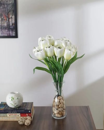 Artificial Polyester And Plastic Tulip Flower Bunch Without Pot | Set Of 2 | 15 Inches White