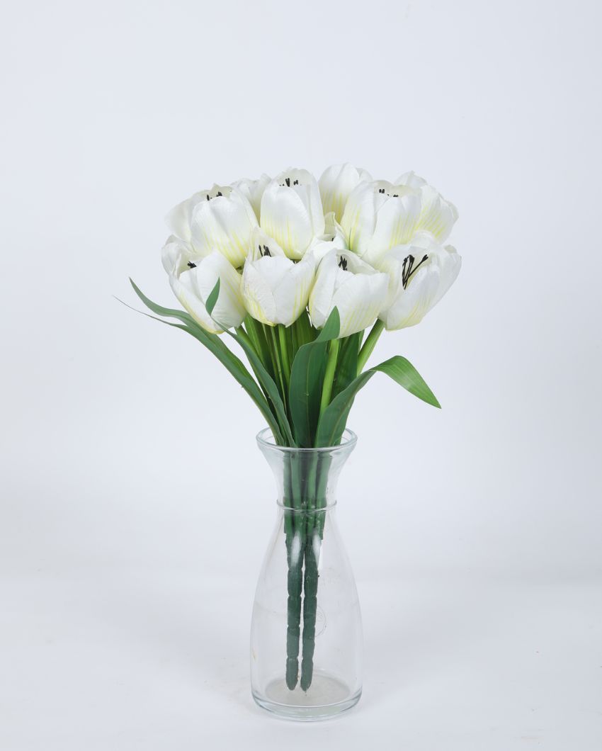 Artificial Polyester And Plastic Tulip Flower Bunch Without Pot | Set Of 2 | 15 Inches White