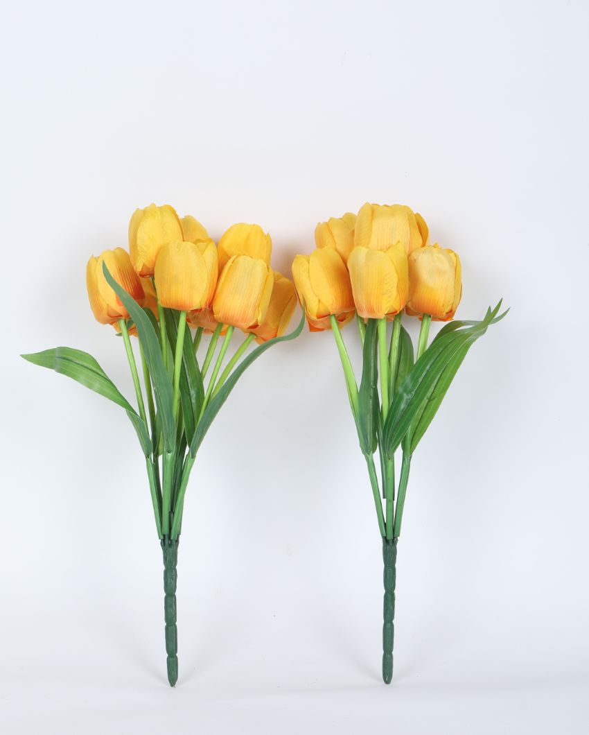 Artificial Polyester And Plastic Tulip Flower Bunch Without Pot | Set Of 2 | 15 Inches Yellow