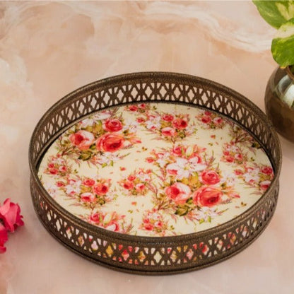Vintage Red & Off White Floral Print Round Tray