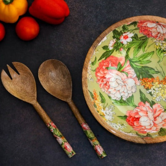 Floral Wooden Salad Bowl With Servers