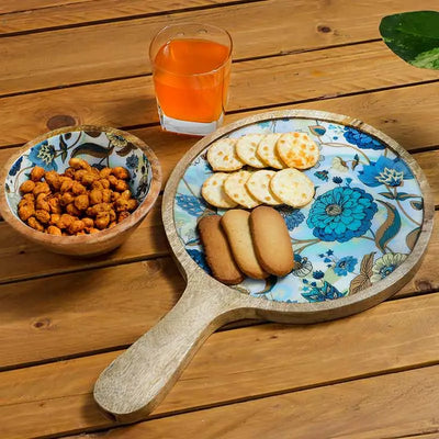 Blue Round Floral Wooden Platter Default Title