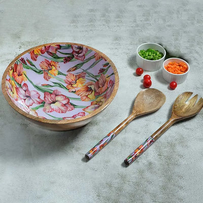 Gladiolus Harmony Print Wooden Salad Bowl With 2 Servers Default Title