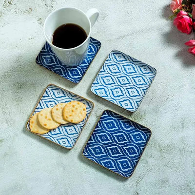 Square Blue & White Ikat Print Metal Coaster | Set Of 4 Default Title