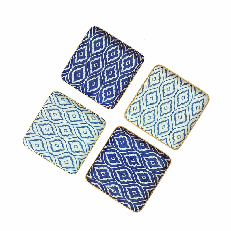 Square Blue & White Ikat Print Metal Coaster | Set Of 4 Default Title