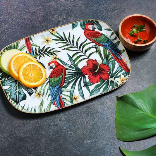 Rectangle Shaped Tropical Paradise Print Metal Platter With Wooden Dip Bowl Default Title