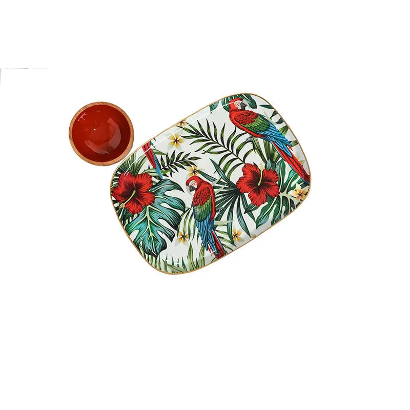 Rectangle Shaped Tropical Paradise Print Metal Platter With Wooden Dip Bowl Default Title