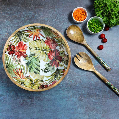 Tropical Paradise Print Wooden Salad Bowl With 2 Servers Default Title