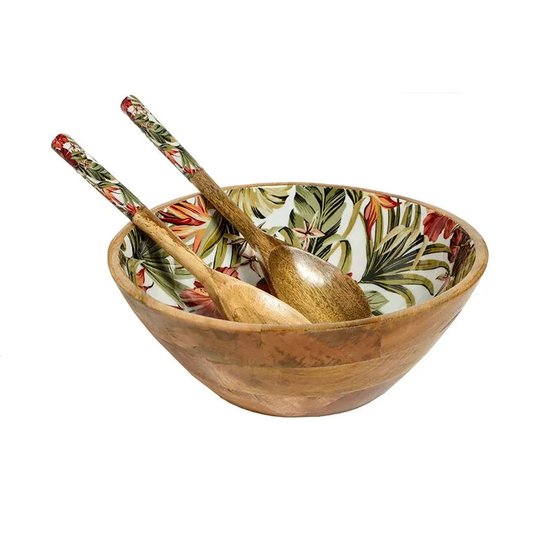 Tropical Paradise Print Wooden Salad Bowl With 2 Servers Default Title