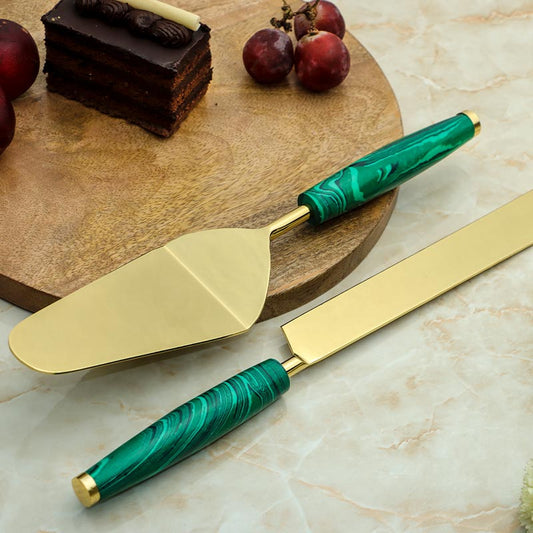Green Stone Dust With Stainless Steel Cake Server | Set Of 2 Default Title