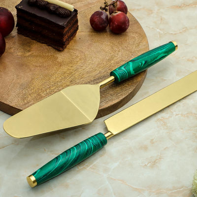 Green Stone Dust With Stainless Steel Cake Server | Set Of 2 Default Title