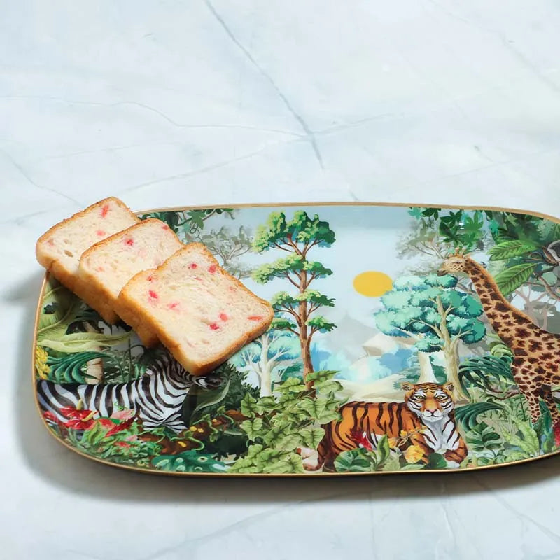 Rectangle Shaped Jungle Safari Print Metal Platter With Wooden Dip Bowl Default Title