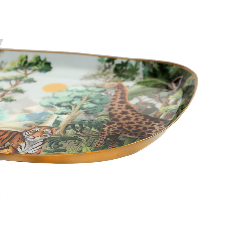 Rectangle Shaped Jungle Safari Print Metal Platter With Wooden Dip Bowl Default Title