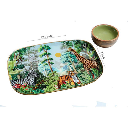 Rectangle Shaped Jungle Safari Print Metal Platter With Wooden Dip Bowl Default Title