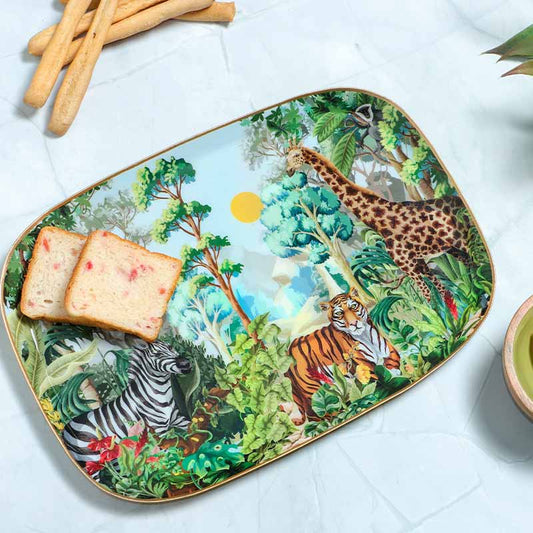 Rectangle Shaped Jungle Safari Print Metal Platter With Wooden Dip Bowl Default Title