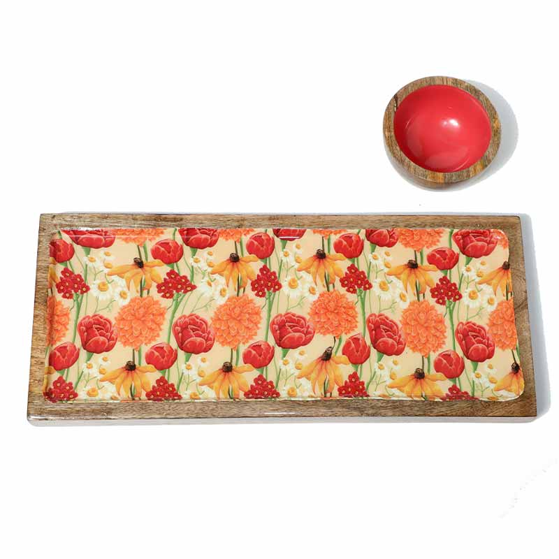Rectangle Roses And Chamomile Print Wooden Platter With Dip Bowl Default Title