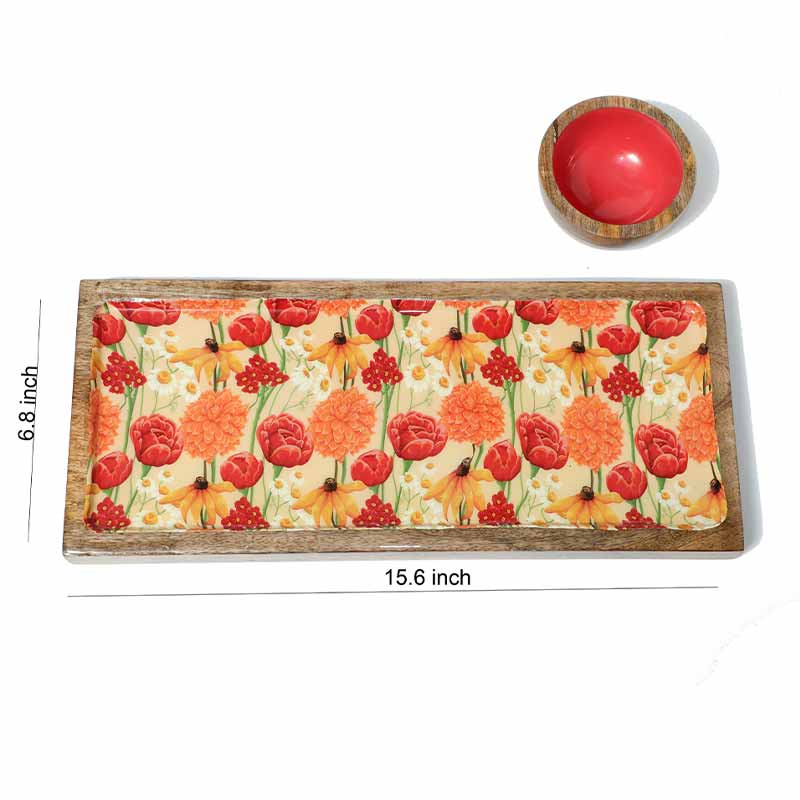 Rectangle Roses And Chamomile Print Wooden Platter With Dip Bowl Default Title