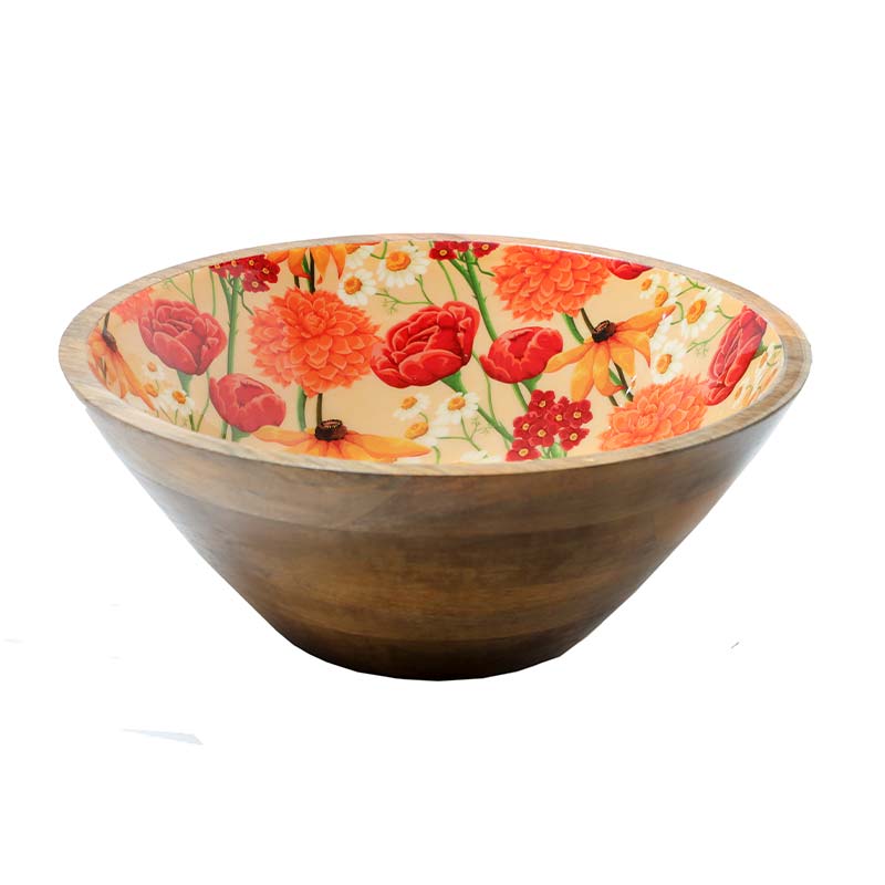Round Roses And Chamomile Print Wooden Salad Bowl With Servers | Set Of 2 Default Title