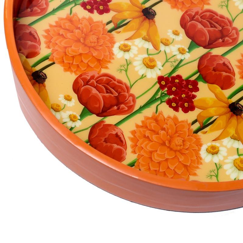 Round Roses And Chamomile Print Mdf Tray With Tangerine Colored Frame Default Title