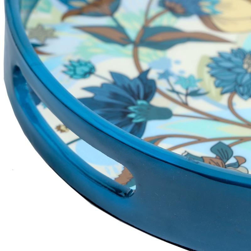 Round Floral Blue Mdf Tray With Cobalt Blue Colored Frame Default Title