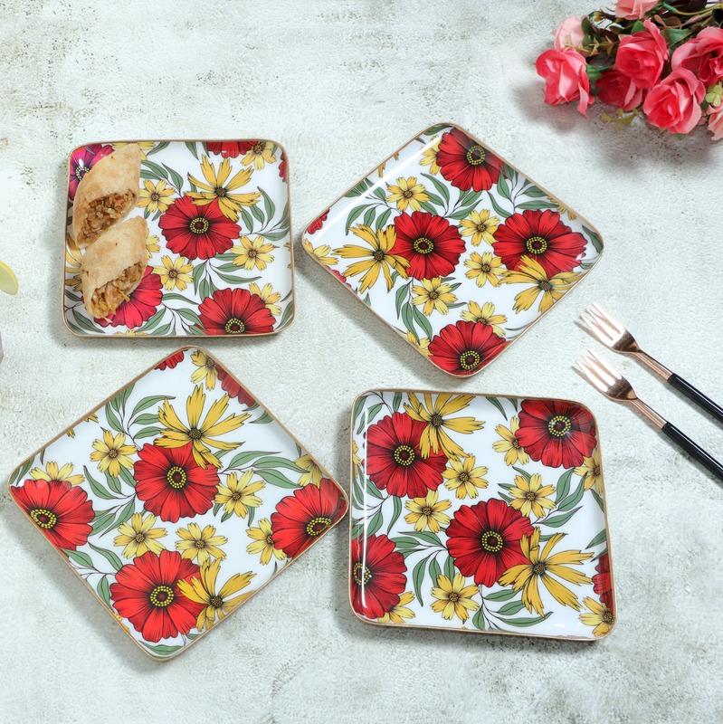 Beautiful Square Shape Floral Print Side Plates | Set Of 4 Default Title