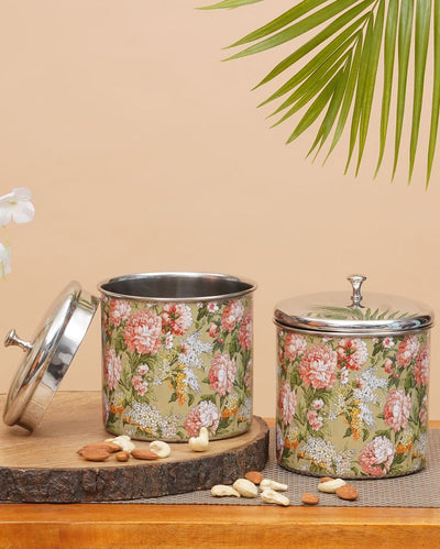 Floral Green Stainless Steel Storage Jars | Set of 2 | 5 x 6 inches