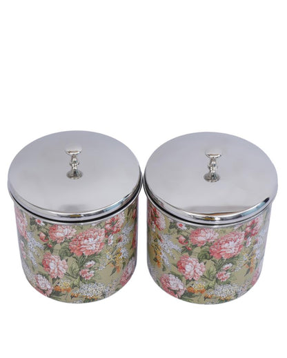 Floral Green Stainless Steel Storage Jars | Set of 2 | 5 x 6 inches