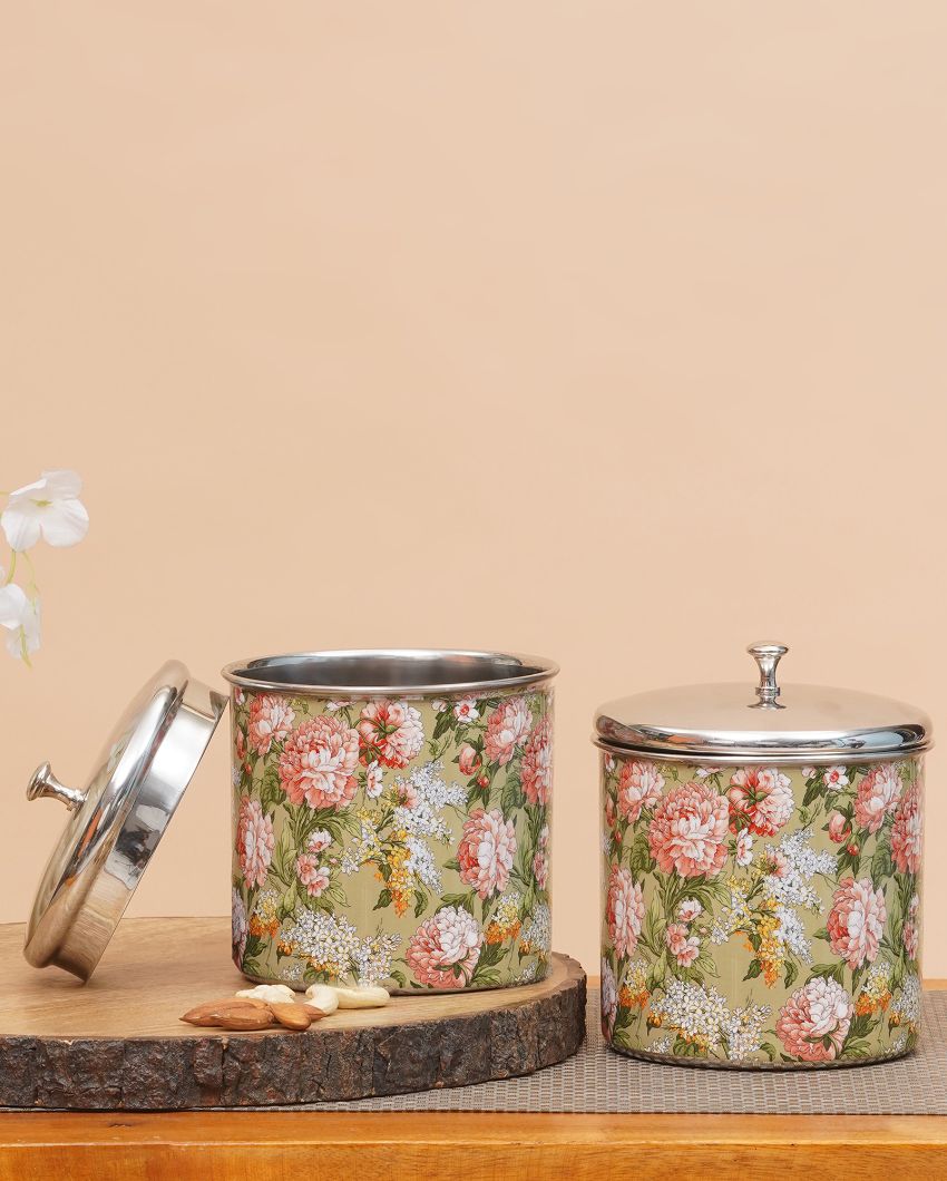 Floral Green Stainless Steel Storage Jars | Set of 2 | 5 x 6 inches